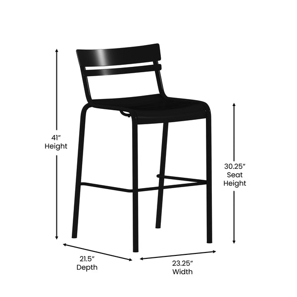 Black |#| Modern Commercial Grade 2 Slat Indoor/Outdoor Steel Bar Stool in Black