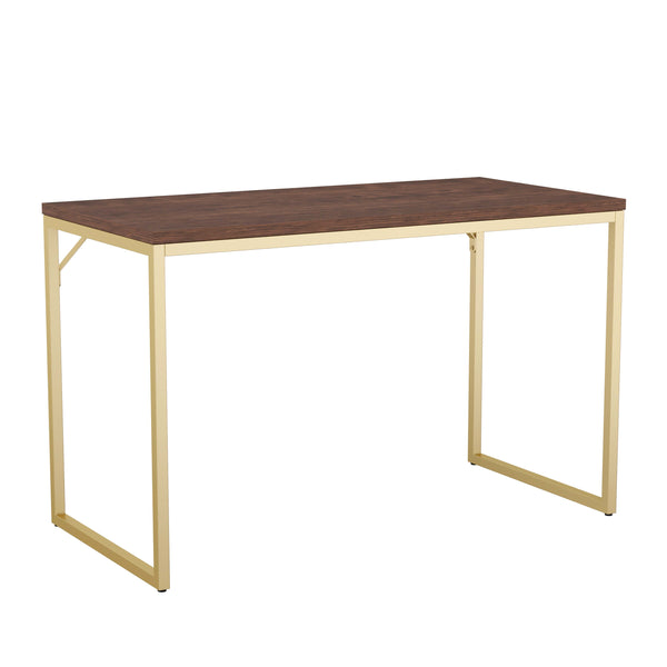 Walnut Top/Polished Brass Frame |#| Walnut Wood Grain Parsons Desk with Polished Brass Metal Frame