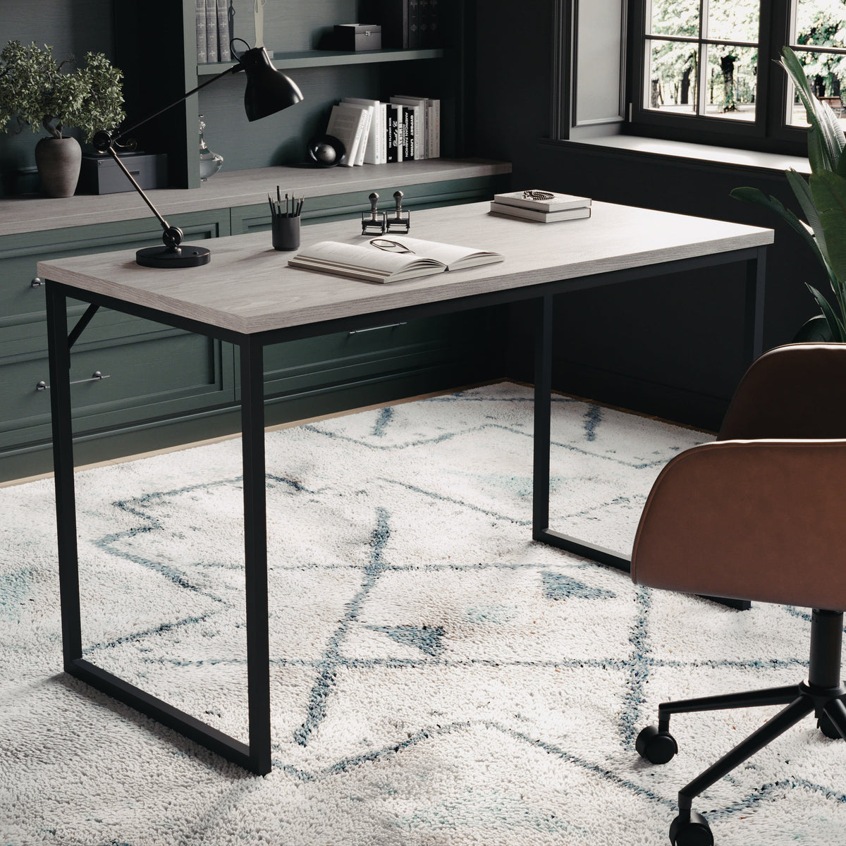 Gray Top/Oil Rubbed Bronze Frame |#| Gray Wood Grain Parsons Desk with Oil Rubbed Bronze Metal Frame