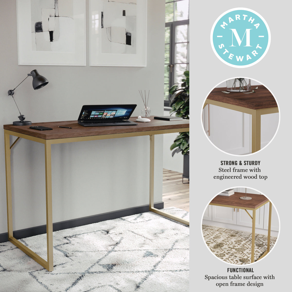 Walnut Top/Polished Brass Frame |#| Walnut Wood Grain Parsons Desk with Polished Brass Metal Frame