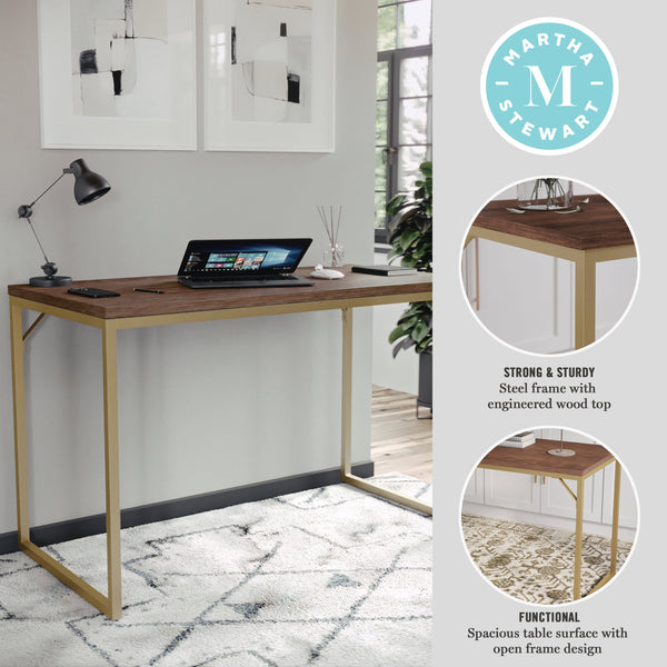 Walnut Top/Polished Brass Frame |#| Walnut Wood Grain Parsons Desk with Polished Brass Metal Frame