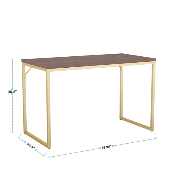 Walnut Top/Polished Brass Frame |#| Walnut Wood Grain Parsons Desk with Polished Brass Metal Frame