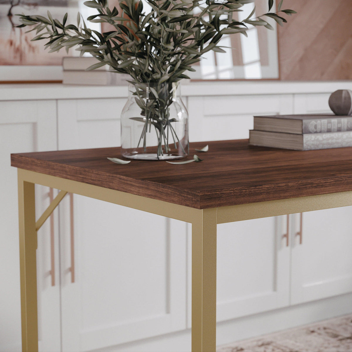 Walnut Top/Polished Brass Frame |#| Walnut Wood Grain Parsons Desk with Polished Brass Metal Frame