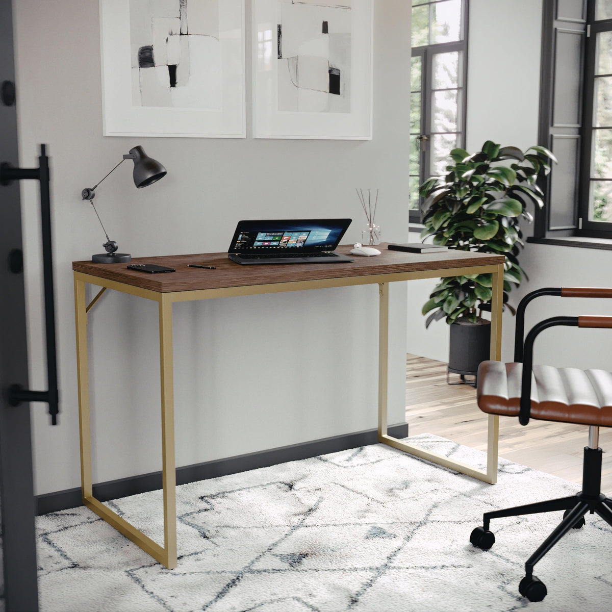 Walnut Top/Polished Brass Frame |#| Walnut Wood Grain Parsons Desk with Polished Brass Metal Frame