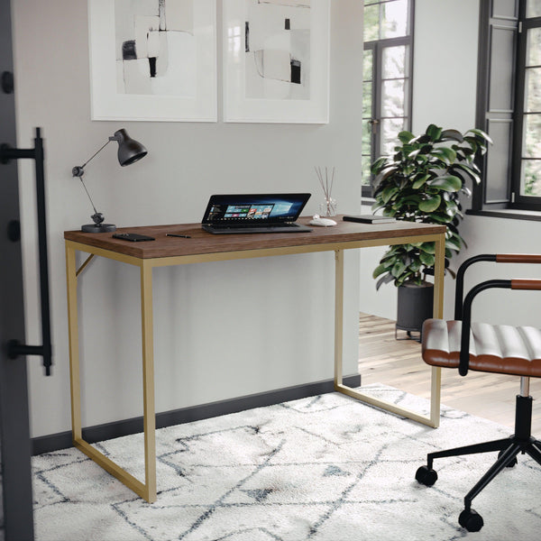 Walnut Top/Polished Brass Frame |#| Walnut Wood Grain Parsons Desk with Polished Brass Metal Frame