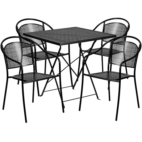 Black |#| 28inch Square Black Indoor-Outdoor Steel Folding Patio Table Set with 4 Chairs