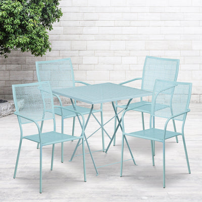 Oia Commercial Grade 28" Square Indoor-Outdoor Steel Folding Patio Table Set with 4 Square Back Chairs - View 2