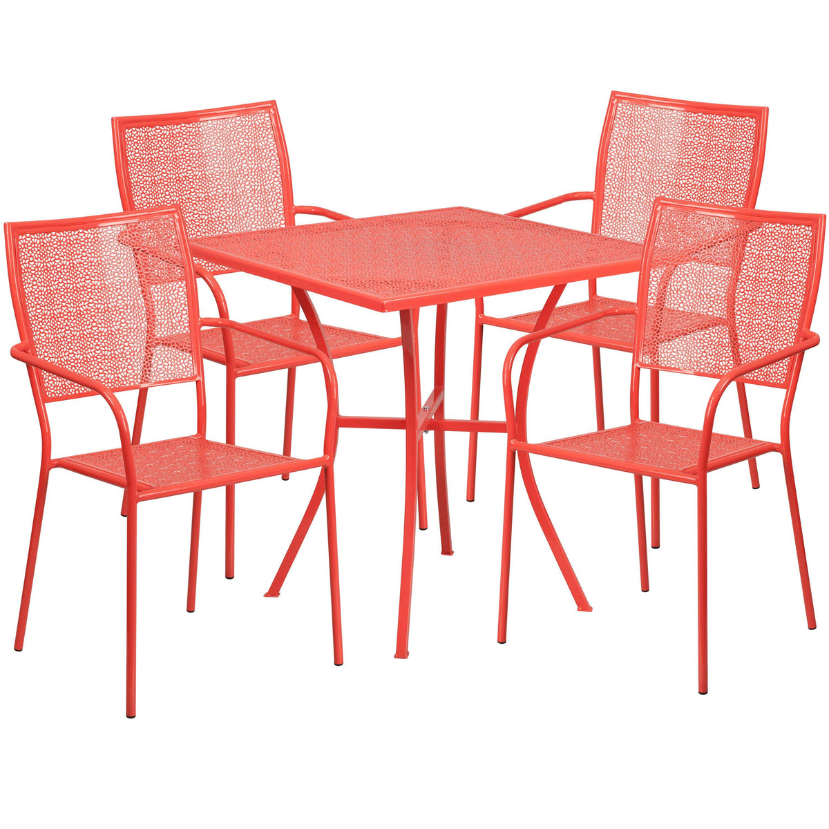 Coral |#| 28inch Square Coral Indoor-Outdoor Steel Patio Table Set with 4 Square Back Chairs