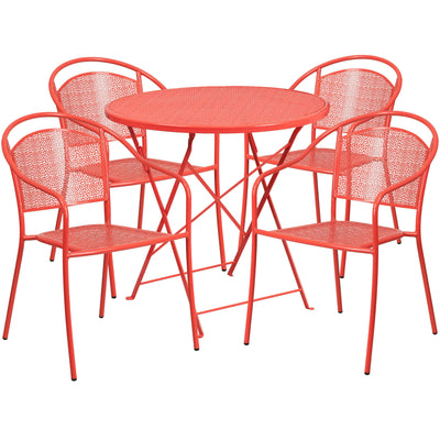 Oia Commercial Grade 30" Round Indoor-Outdoor Steel Folding Patio Table Set with 4 Round Back Chairs - View 1
