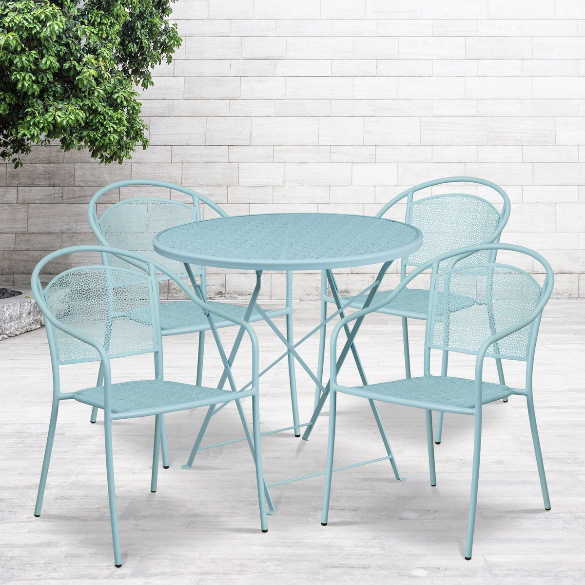 Sky Blue |#| 30inch Round Sky Blue Indoor-Outdoor Steel Folding Patio Table Set with 4 Chairs