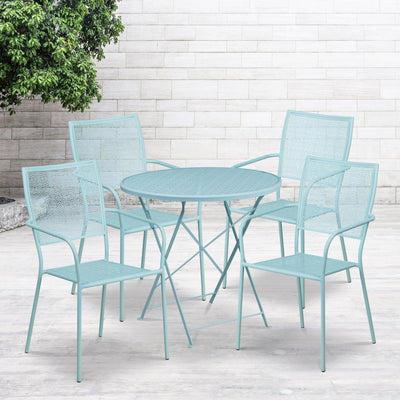 Oia Commercial Grade 30" Round Indoor-Outdoor Steel Folding Patio Table Set with 4 Square Back Chairs - View 2