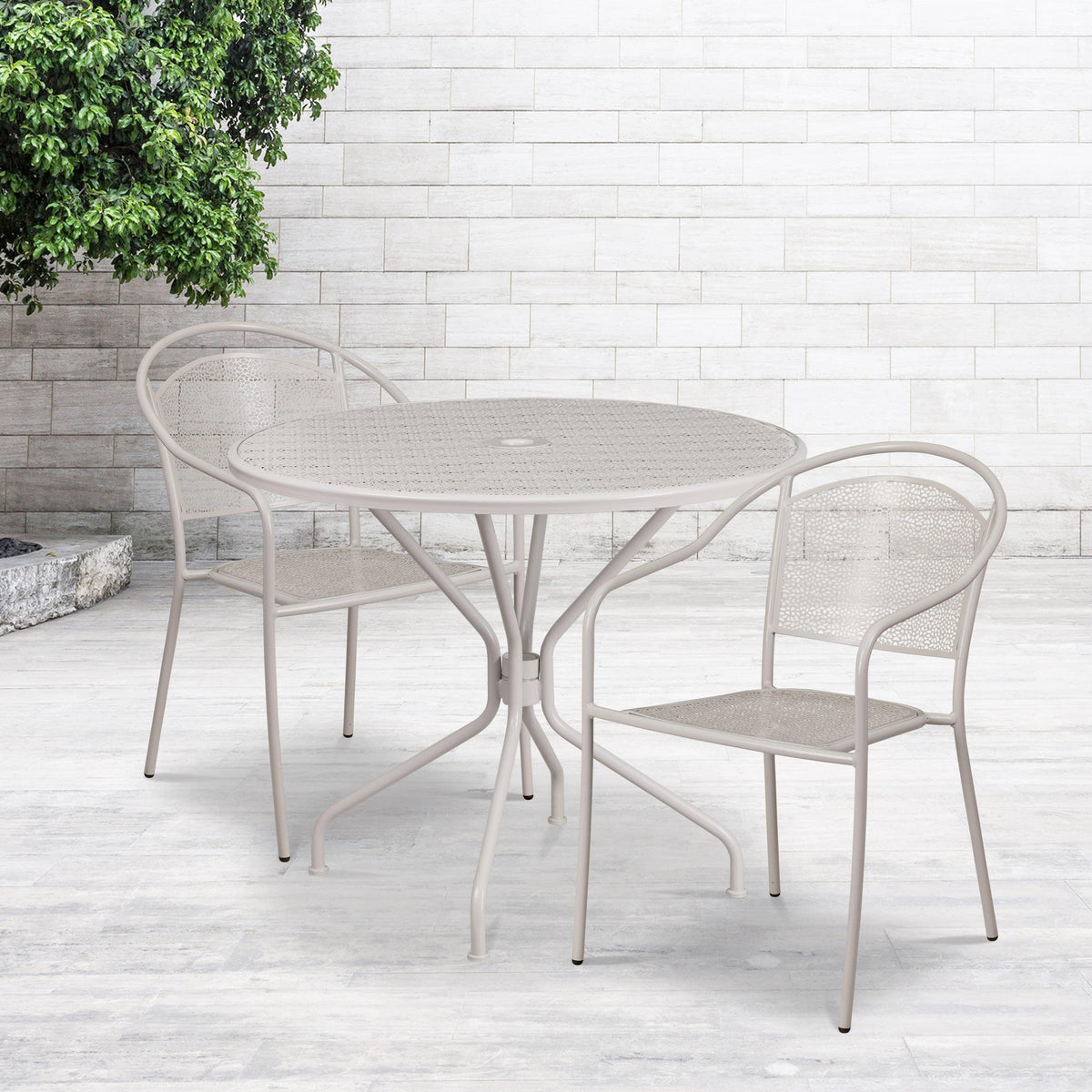 Light Gray |#| 35.25inch Round Lt Gray Indoor-Outdoor Steel Patio Table Set w/ 2 Round Back Chairs