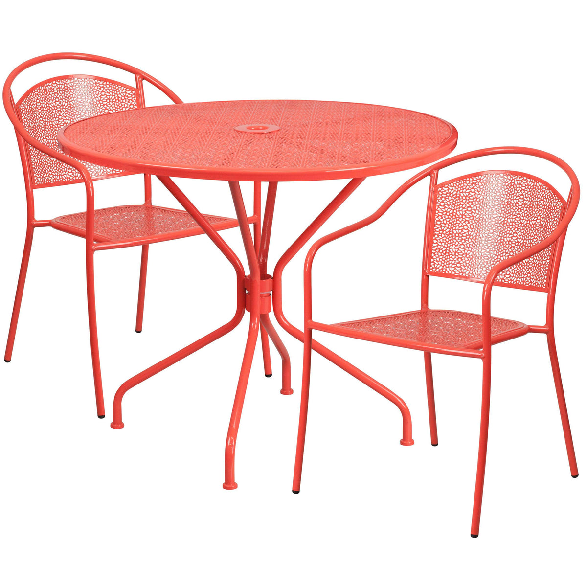 Coral |#| 35.25inch Round Coral Indoor-Outdoor Steel Patio Table Set with 2 Round Back Chairs