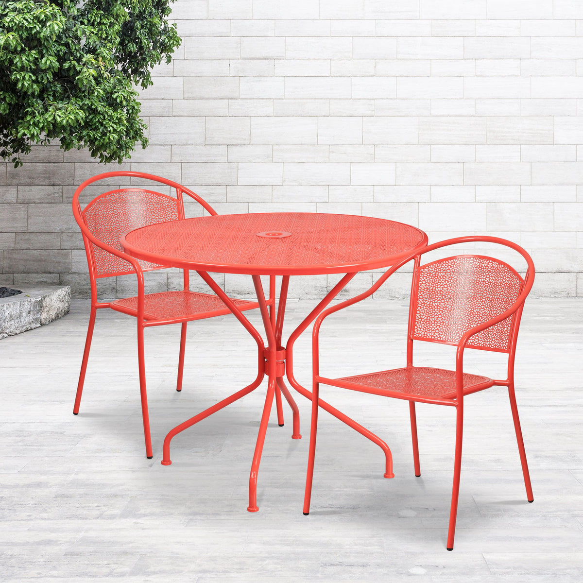 Coral |#| 35.25inch Round Coral Indoor-Outdoor Steel Patio Table Set with 2 Round Back Chairs