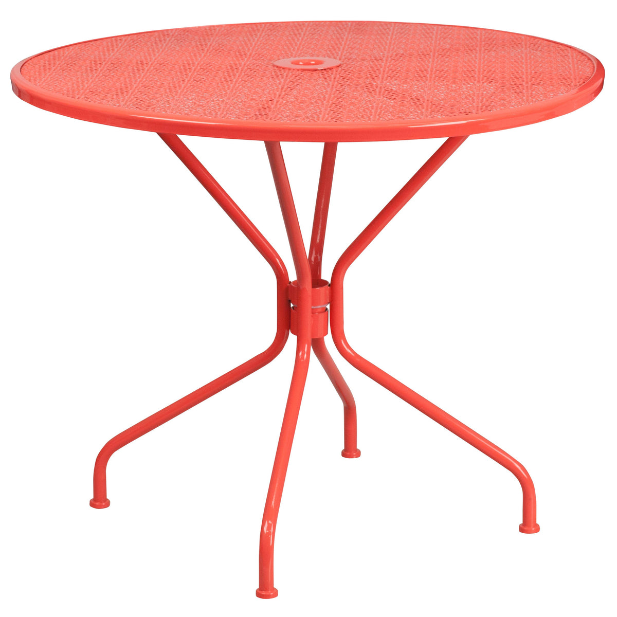 Coral |#| 35.25inch Round Coral Indoor-Outdoor Steel Patio Table Set with 2 Round Back Chairs