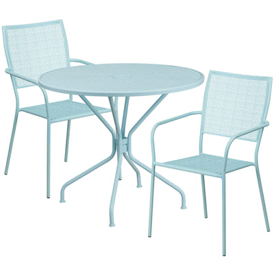 Oia Commercial Grade 35.25" Round Indoor-Outdoor Steel Patio Table Set with 2 Square Back Chairs - View 1