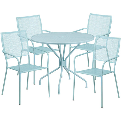 Oia Commercial Grade 35.25" Round Indoor-Outdoor Steel Patio Table Set with 4 Square Back Chairs - View 1