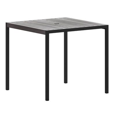 Outdoor Dining Table with Synthetic Teak Poly Slats - Square Steel Framed Restaurant Table with Umbrella Holder Hole - View 1