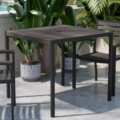 Outdoor Dining Table with Synthetic Teak Poly Slats - Square Steel Framed Restaurant Table with Umbrella Holder Hole - View 2