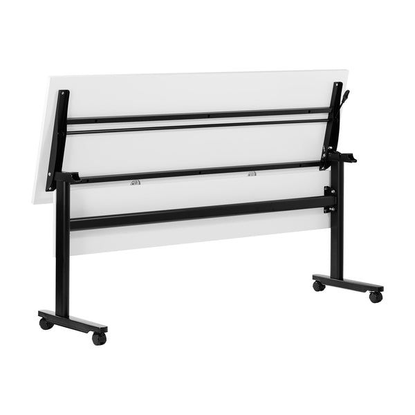 White Top/Black Frame |#| Commercial Nesting Flip Training Table with Steel Frame and T-Legs in White/Blk