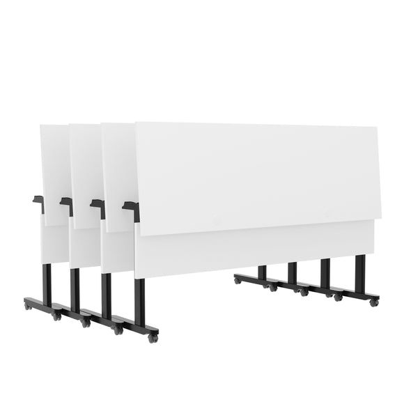 White Top/Black Frame |#| Commercial Nesting Flip Training Table with Steel Frame and T-Legs in White/Blk