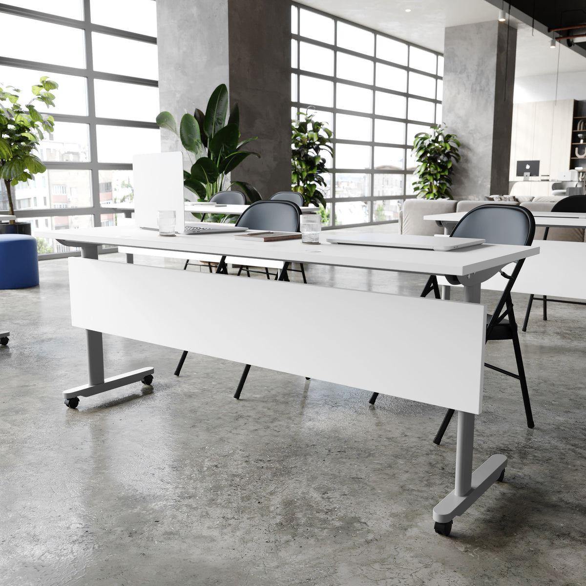 White Top/Gray Frame |#| Commercial Nesting Flip Training Table with Steel Frame and T-Legs in White/Gray