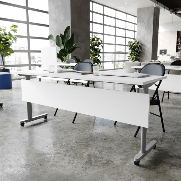 White Top/Gray Frame |#| Commercial Nesting Flip Training Table with Steel Frame and T-Legs in White/Gray