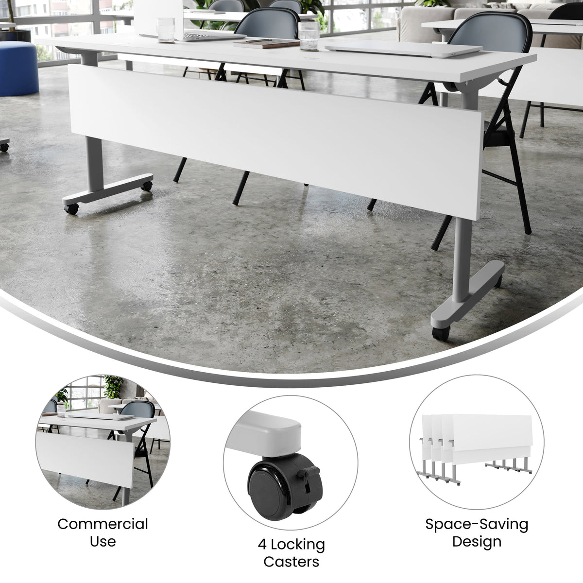 White Top/Gray Frame |#| Commercial Nesting Flip Training Table with Steel Frame and T-Legs in White/Gray