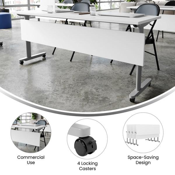 White Top/Gray Frame |#| Commercial Nesting Flip Training Table with Steel Frame and T-Legs in White/Gray