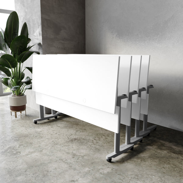 White Top/Gray Frame |#| Commercial Nesting Flip Training Table with Steel Frame and T-Legs in White/Gray