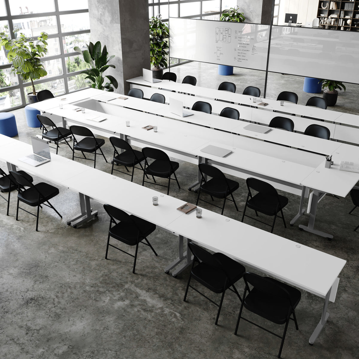 White Top/Gray Frame |#| Commercial Nesting Flip Training Table with Steel Frame and T-Legs in White/Gray