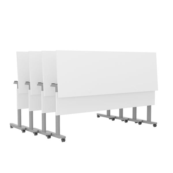 White Top/Gray Frame |#| Commercial Nesting Flip Training Table with Steel Frame and T-Legs in White/Gray