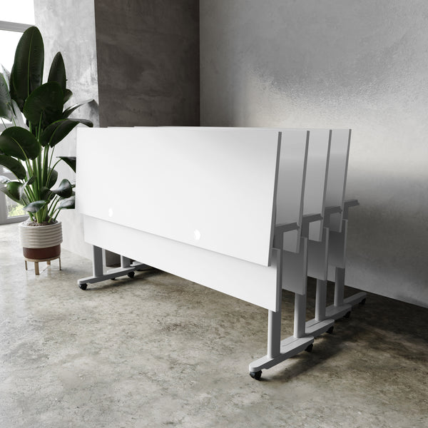 Gray Top/Gray Frame |#| Commercial Nesting Flip Training Table with Steel Frame and T-Legs in Gray