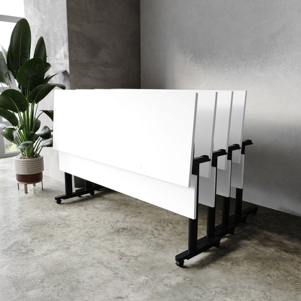 White Top/Black Frame |#| Commercial Nesting Flip Training Table with Steel Frame and T-Legs in White/Blk