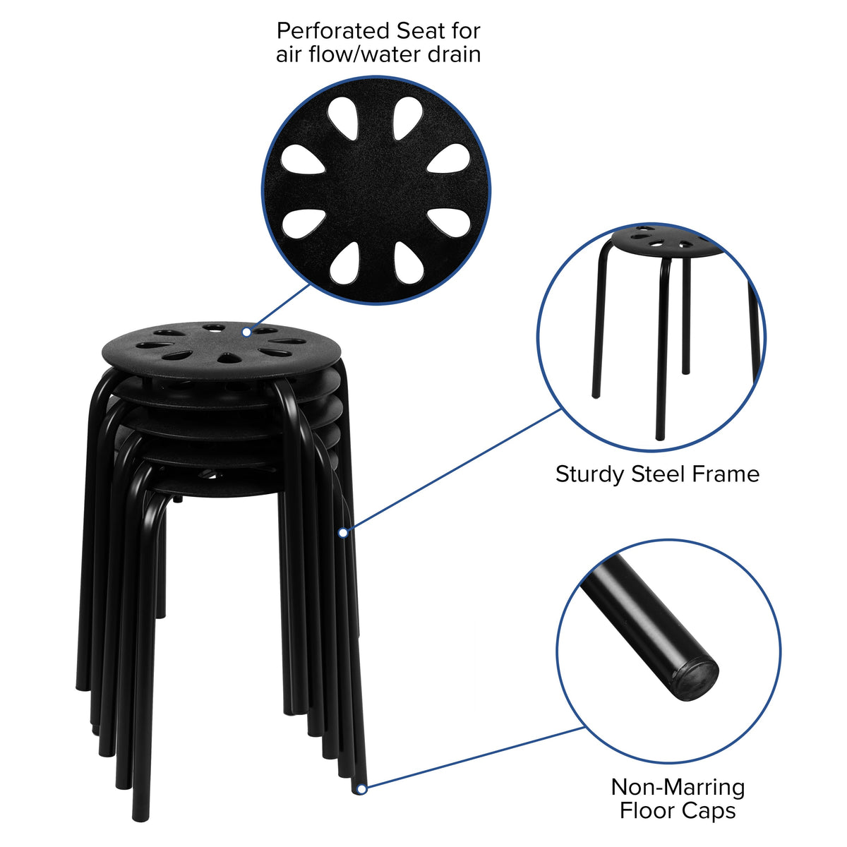 Black |#| Plastic Nesting Stack Stools - School/Office/Home, 17.5inchHeight, Black (5 Pack)