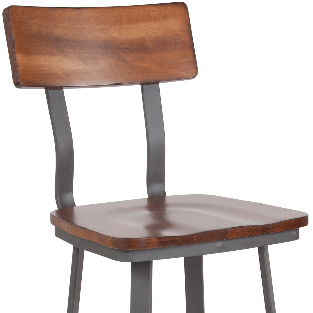 Rustic Walnut |#| Rustic Walnut Restaurant Barstool with Wood Seat & Back & Gray Powder Coat Frame
