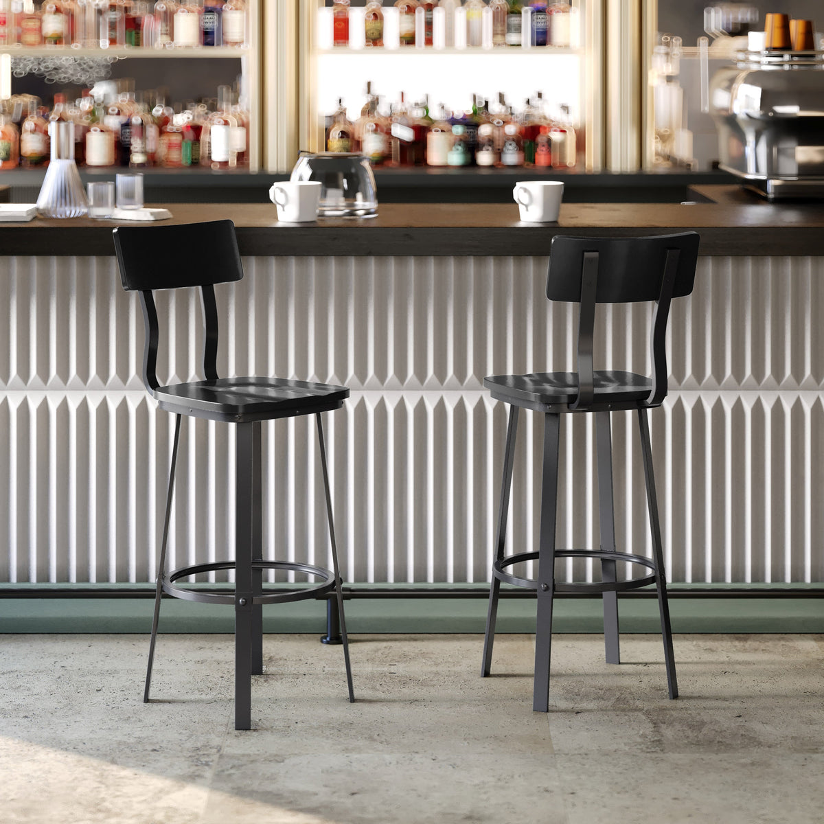 Black |#| Black Restaurant Barstool with Wood Seat & Back & Black Powder Coat Frame