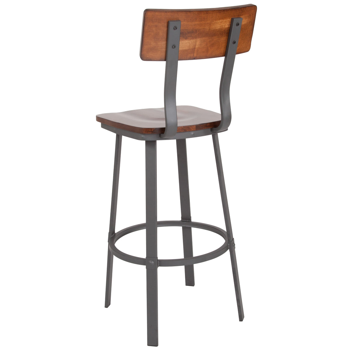 Rustic Walnut |#| Rustic Walnut Restaurant Barstool with Wood Seat & Back & Gray Powder Coat Frame