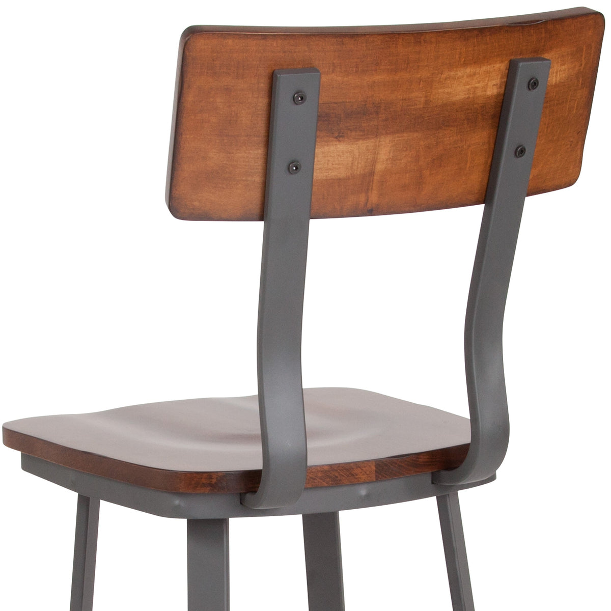 Rustic Walnut |#| Rustic Walnut Restaurant Barstool with Wood Seat & Back & Gray Powder Coat Frame