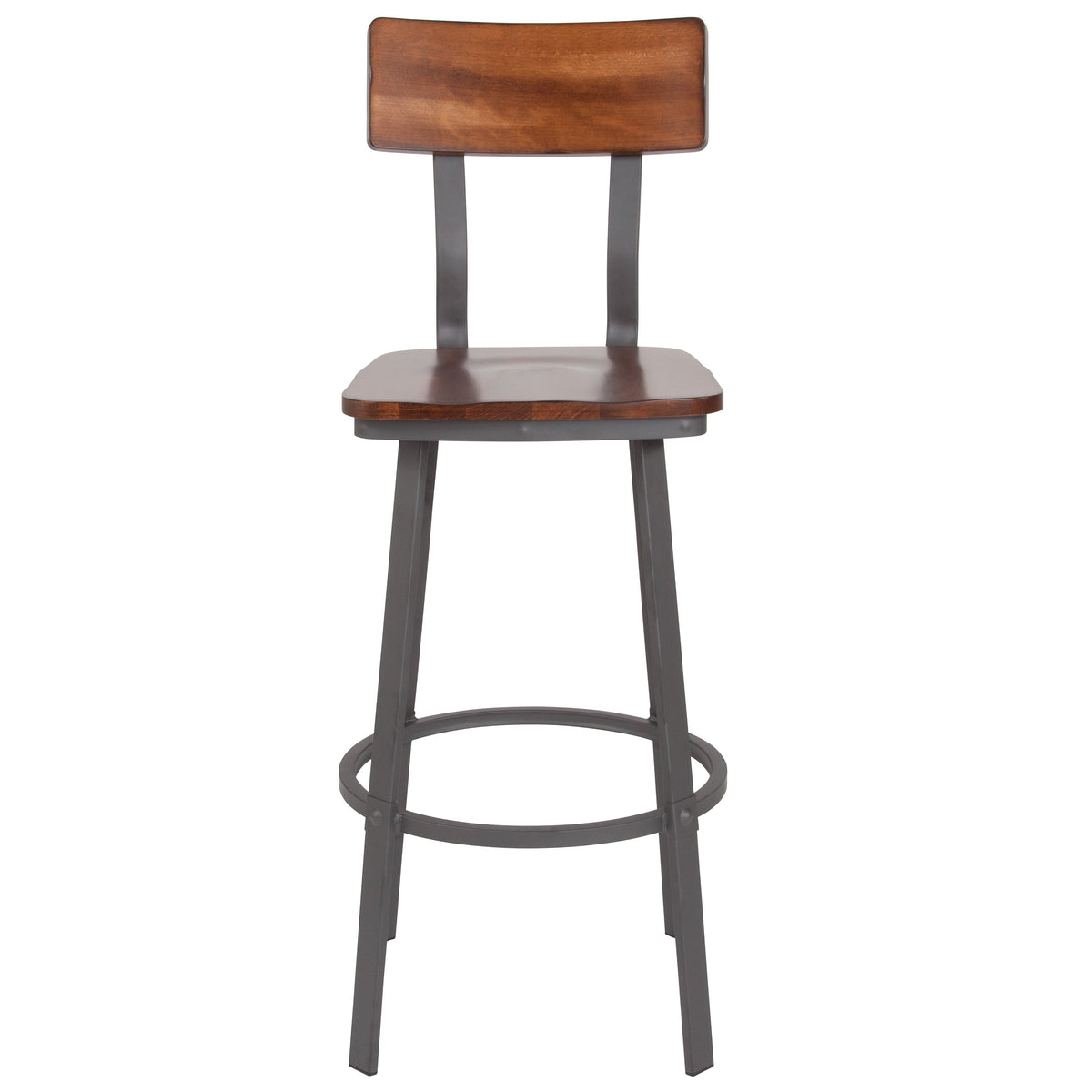 Rustic Walnut |#| Rustic Walnut Restaurant Barstool with Wood Seat & Back & Gray Powder Coat Frame