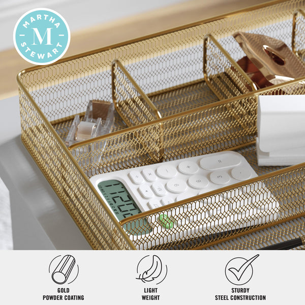 Premium 6 Section Mesh Metal Large Desk Drawer Storage Organizer in Gold
