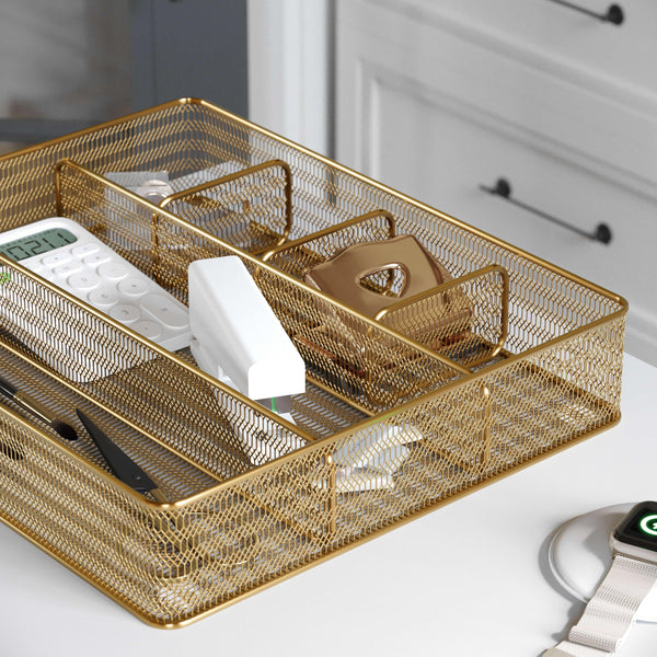 Premium 6 Section Mesh Metal Large Desk Drawer Storage Organizer in Gold