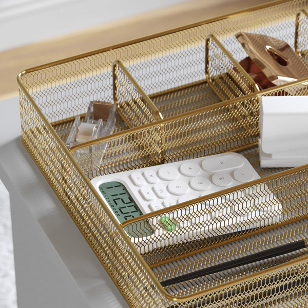 Premium 6 Section Mesh Metal Large Desk Drawer Storage Organizer in Gold