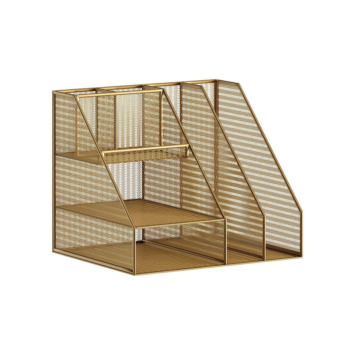 Large Steel Mesh Desktop Organizer with File Holder and Pen Storage-Gold