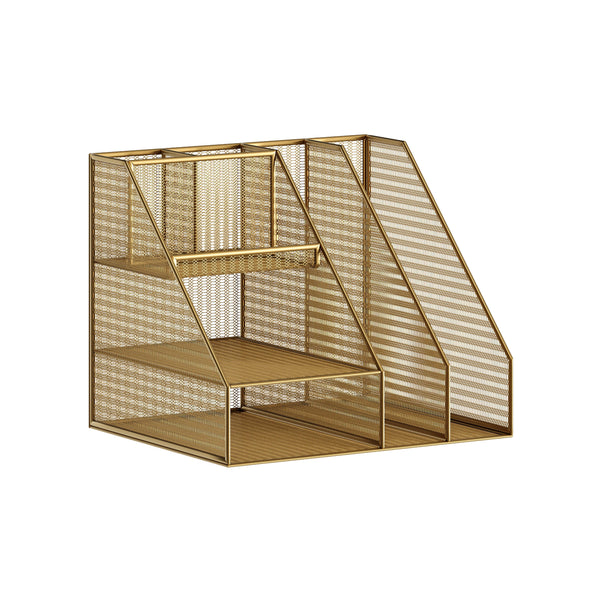 Large Steel Mesh Desktop Organizer with File Holder and Pen Storage-Gold