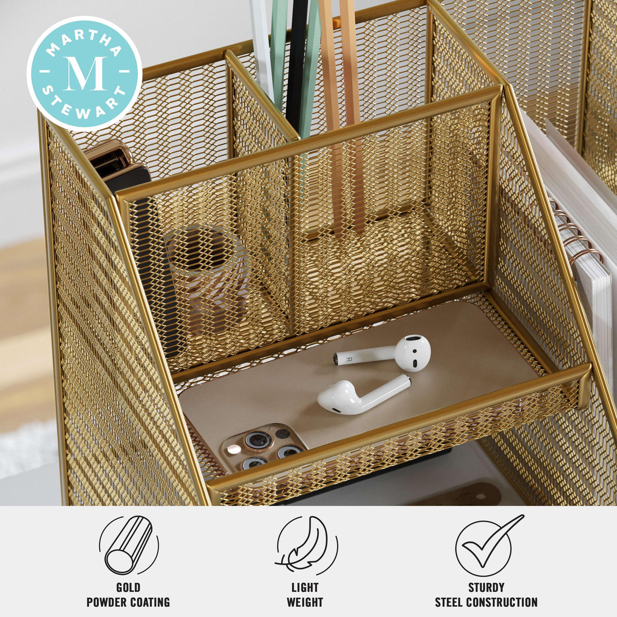 Large Steel Mesh Desktop Organizer with File Holder and Pen Storage-Gold