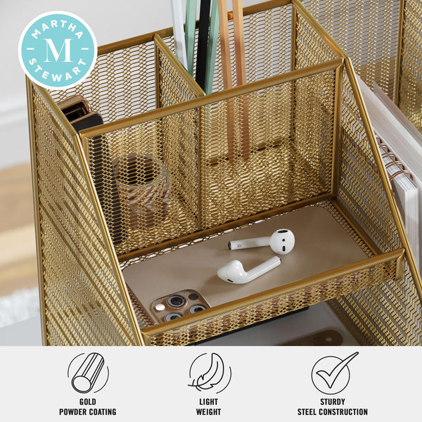 Large Steel Mesh Desktop Organizer with File Holder and Pen Storage-Gold