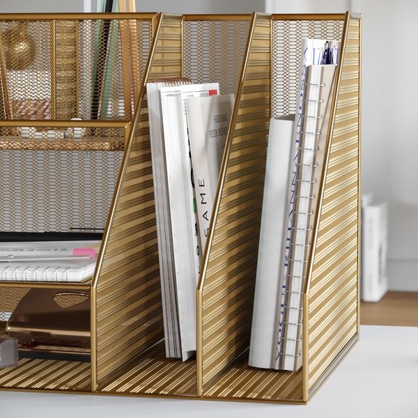 Large Steel Mesh Desktop Organizer with File Holder and Pen Storage-Gold