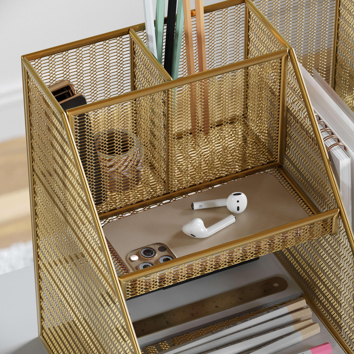 Large Steel Mesh Desktop Organizer with File Holder and Pen Storage-Gold