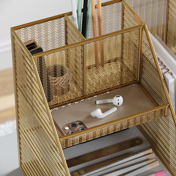 Large Steel Mesh Desktop Organizer with File Holder and Pen Storage-Gold